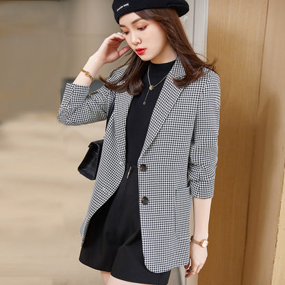 Women's Retro Long-sleeved Houndstooth Suit Jacket